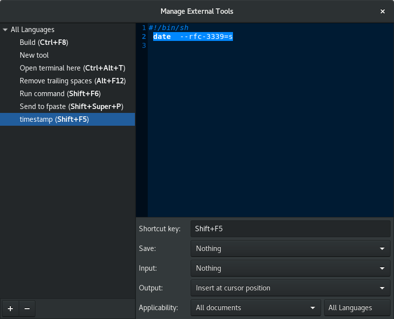 Timestamp Keyboard Shortcut In gedit